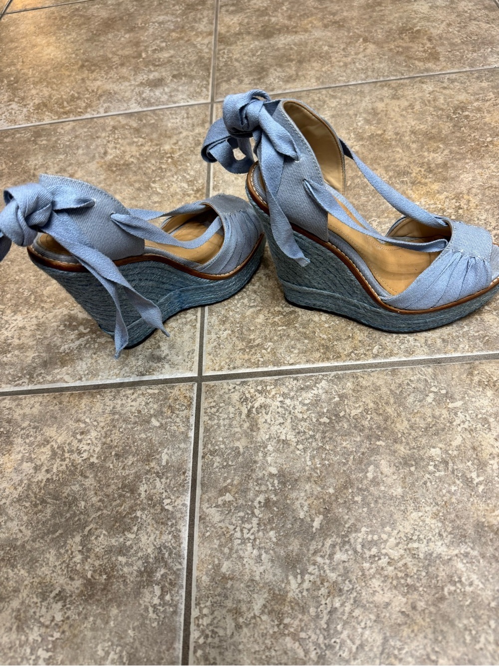 SCHUTZ Light Blue Denim Peep-Toe Wedge Sandals with Ankle Wraps - Picture 9 of 11